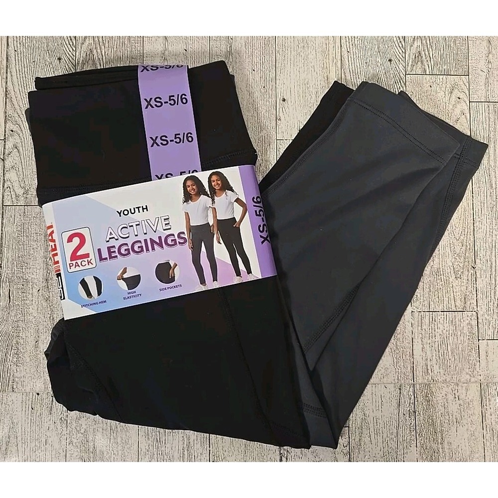 32 Degrees Heat Active Legging XS 5-6 Girls 2pk Soft Black & Gray Youth NEW